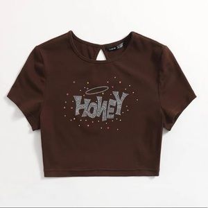 COPY - Worn once, brown XL honey cropped tshirt. Rhinestone letters.